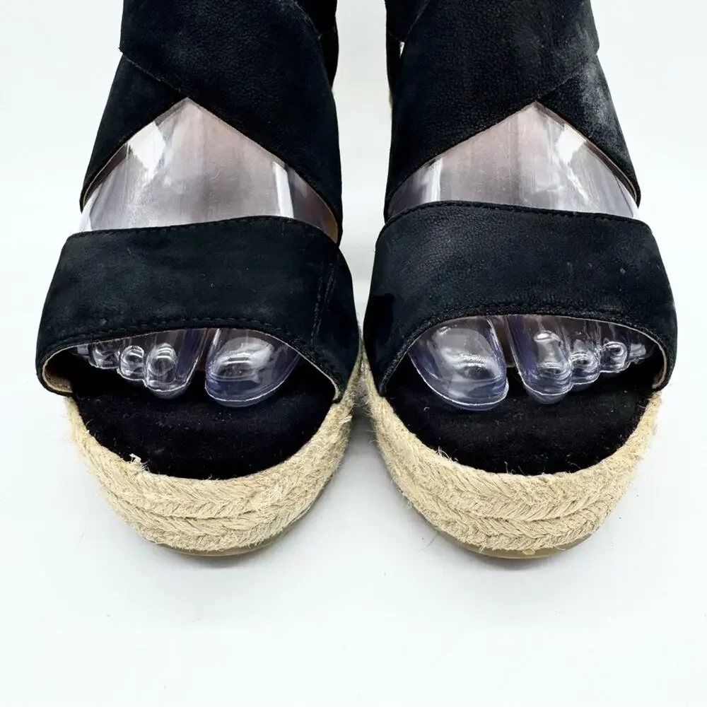 Soul Naturalizer Oshay Black Leather Espadrille Strappy Wedge Heel Sandal Size 6